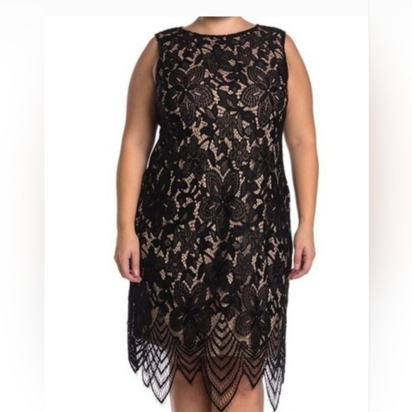 Sharagano Lace Overlay Fringe Hem Dress 22W Black Sleeveless Cocktail Whimsy NEW - Picture 1 of 14